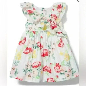 Janie and Jack Toddler Girls Dress Floral Print Ruffle Bow White Pink 12-18m